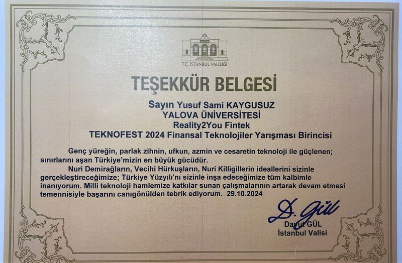 Certificate of appreciation from the Governorship of Istanbul